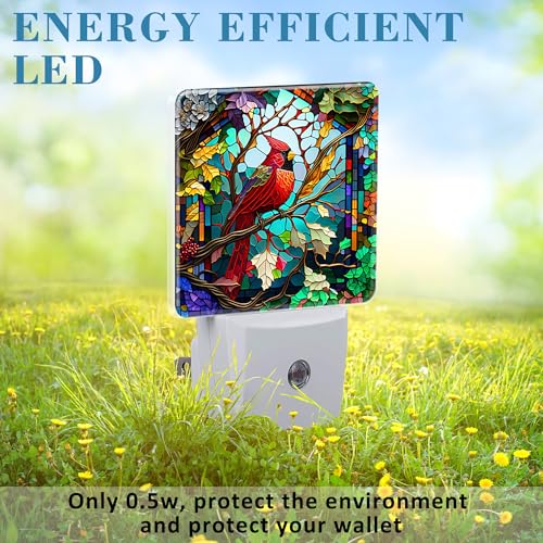 Image of Plug in Night Lights Christmas Stained Glass Cardinal Bird Nightlight Plug Into Wall Dusk to Dawn Sensor LED Night Light for Kid Girls Boys Room Decor,Hallway,Kitchen,Bathroom,Nursery,Stairs
