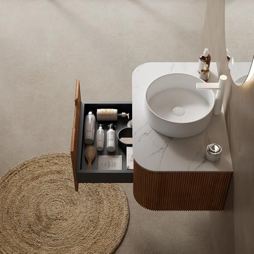 Image of KEIKI 30 inch Bathroom Vanity Cabinet with Sink Combo, Wall Mounted Curved Edges Striped Floating Bathroom Vanity with Soft-Close Drawer, White Round Ceramic Basin Without Faucet, Natural Wood