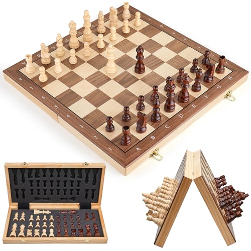 SANCHKEN Zestaw magnetyczny do gry w szachy 38,1 cm Drewniana szachownica Zestaw gier dla dorosłych i dzieci, składana szachownica z miejscem do przechowywania - 2 dodatkowe hetmany (brązowy-b)