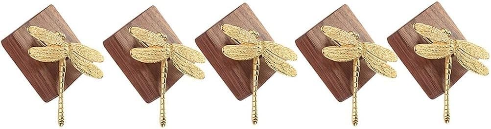 Decorative Hook Dragonfly Sculpture Wall Decoration Brass Hook Wood Base Wall Hooks for Hanging No Drill Wall Mount Multi-Purpose Hooks(Set of 5)