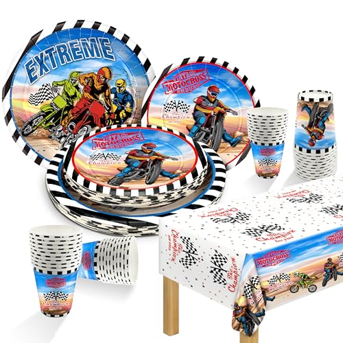 algpty Dirt Bike Decorations Plates Set | Service for 20 | Dirt Bike Birthday Supplies with Dinner Plates, Dessert Plates, Cups, Napkins, Tablecloth | Dirt Bike Motocross Motorcycle Tableware for Kids