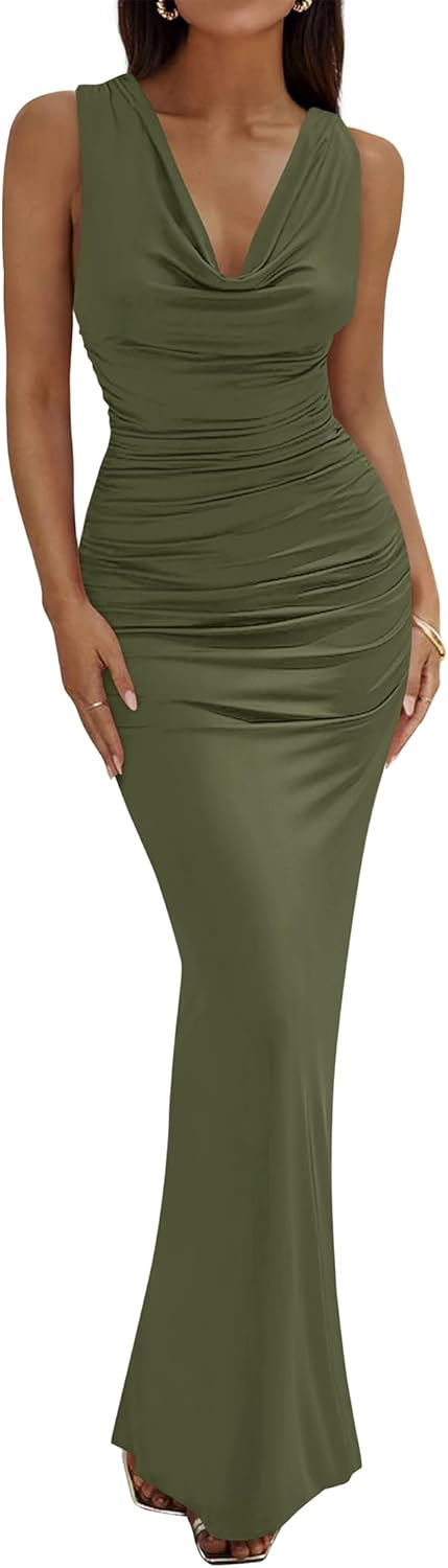 BTFBM Cocktail Dresses for Women Spring 2026 Cowl Neck Sleeveless Ruched Slim Fit Maxi Summer Formal Wedding Guest Dress