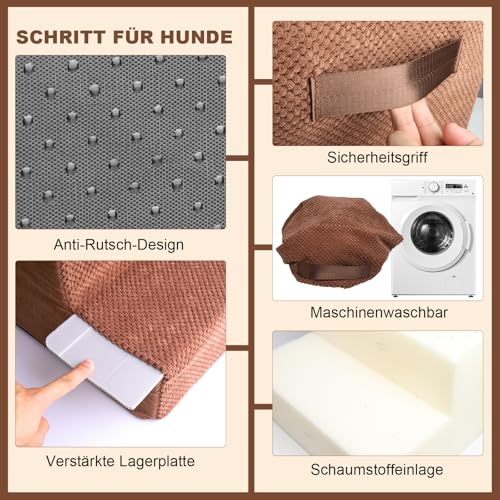 Haustiertreppe für Kleinen Hunde und Katzen, Abnehmbare Waschbar Hundetreppe Katzentreppe aus Schwamm mit Reißverschluss Plüschbezug, Tragbar Haustiertreppe für alte Hunde (4 Stufen Braun)