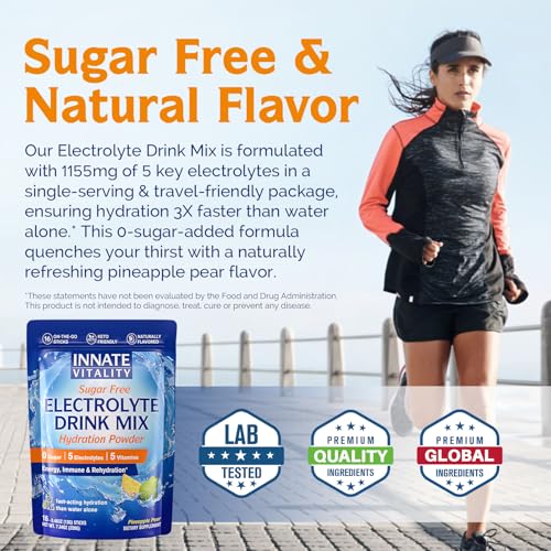 Innate Vitality Electrolytes Powder Packets, No Sugar, 5 Keto Electrolytes & Vitamins, Hydration Powder Packets, Easy to Dissolve, Natural Pineapple Pear Flavor, 16 Stickpacks — view 5