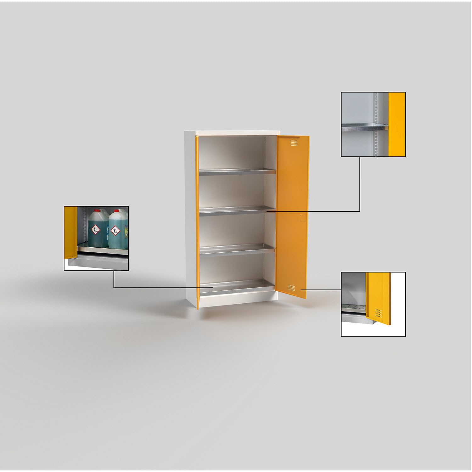 EUROKRAFT | Armoire de sécurité | Hauteur 1800 mm | 3 tablettes de rétention | 1 cuve de rétention
