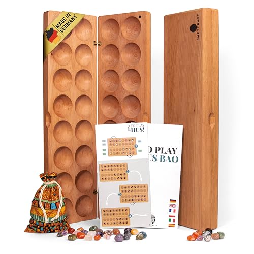 Hus Bao Spiel | Steinchenspiel | Mancala | Kalaha | Premium Edelsteinspiel aus Massivholz in Deutschland hergestellt | natürliche Edelsteine, bunter Beutel und visuelle Anleitung