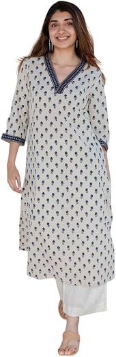 SANGOURI Women's Viscose Rayon Printed A-Line Kurta – 3/4 Sleeve Ethnic Tunic for Casual Long Kurta 1061