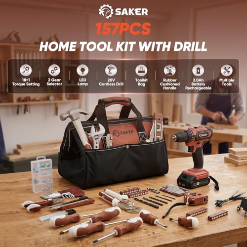 Image of Saker 20V Tool Set with Drill, General Home Hand Tool Kit with 14-Inch Storage Bag, Tool Set with 20V Cordless Drill for DIY Projects, Home Repairs, Handyman, Mocha Brown
