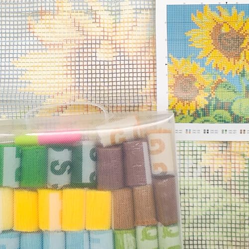 Image of Howie's Latch Hook Kit, DIY Sunflower Pillow Crochet Yarn Kits for Adults, Color Preprinted Pattern Embroidery Sofa Cushion Cover (Sunflower, 16.93 x 16.93 inch)