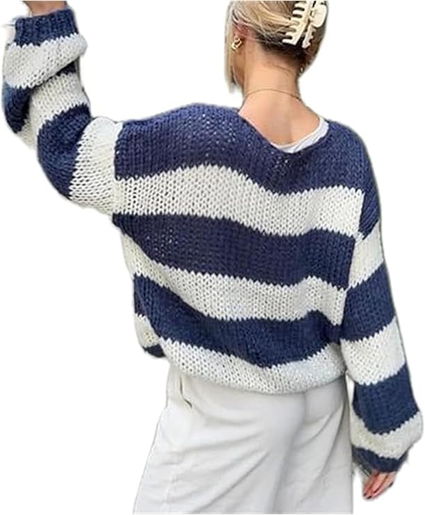 Women Y2k Oversized Striped Sweater Vintage Color Block Crew Neck Chunky Long Sleeve Pullover Harajuku Jumper