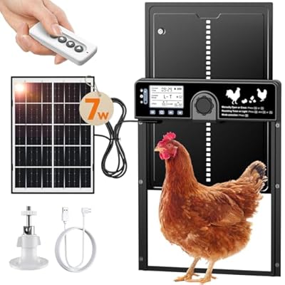 7W Solar Powered Automatic Large Chicken Coop Door with 4 Mode LCD Display, 49ft Remote Control, Timer, Light Sensor, USB-C Charger, Weatherproof Aluminum Alloy Door Applicable to Poultry Duck Coop