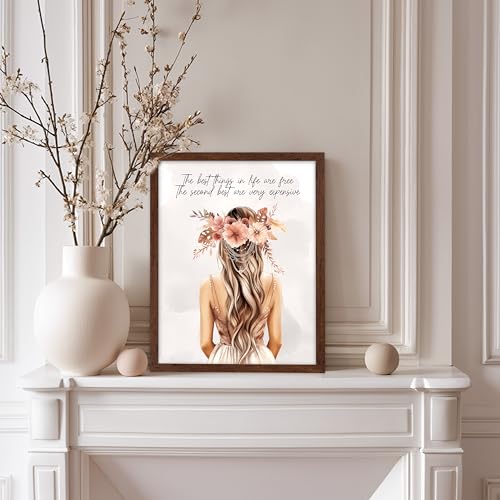 Image of Poster Master The Best Thing In Life Are Free Poster - Fashion Print - Trendy Art - Flower Art - Gift for Women & Fashionista - Funny Glamour Decor for Bedroom or Girl's Room, 11x14 Brown Framed