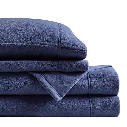 Image of True North by Sleep Philosophy Micro Fleece Bed Sheet Set, Warm, Sheets with 14 inch Deep Pocket, for Cold Season Cozy Sheet-Set, Matching Pillow Case, Cal King, Navy, 4 Piece