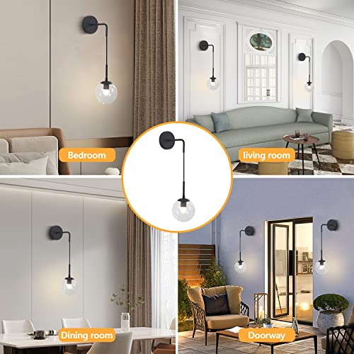 Image of KCO Lighting Black Globe Wall Sconce Set of 2 Mid Century Modern Wall Light with Clear Glass Shade Vintage Adjustable Wall Lamp for Bathroom Mirror Bedside Stairs (Clear)