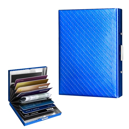 Textured Stainless Steel RFID Card Holder – Anti-Slip Etched Metal Credit Card Case with Unique Chevron Pattern – Slim Wallet for Men & Women (Blue)