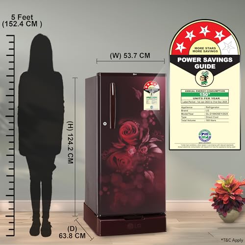 Image of LG 185 L, 4 Star, Direct-Cool, Smart Inverter Compressor, Single Door Refrigerator (GL-D199OSEY.ESEZPST, Scarlet Euphoria, Smart Connect, Solar Connect & Base stand with drawer)