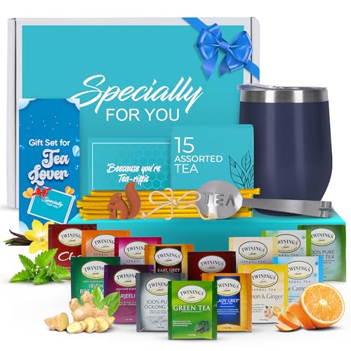 Tea Gift Set for Women and Men – Elegant Tea Sets for Women Gift with 15 Unique Teas, Stainless Steel Tumbler &amp; 10 Honey Straws in Premium Box (Blue)