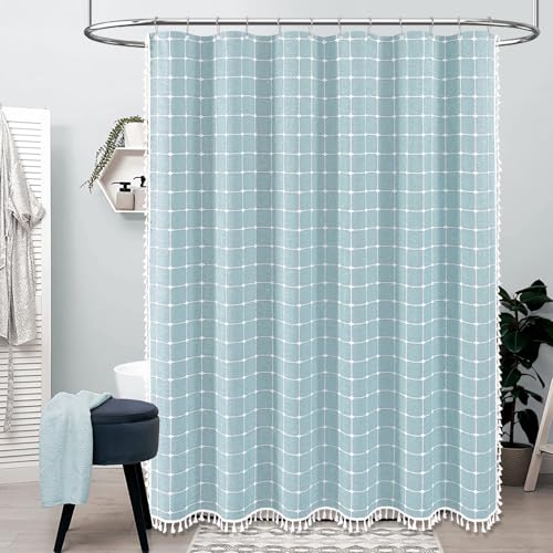Image of BTTN 60 Inch Stall Shower Curtain - Boho Farmhouse Linen Thick Fabric Cloth Shower Curtain Set with 10 Plastic Hooks, Narrow Bohemian Country Decorative Shower Curtain for Bathroom - 60x72 - Fog Blue