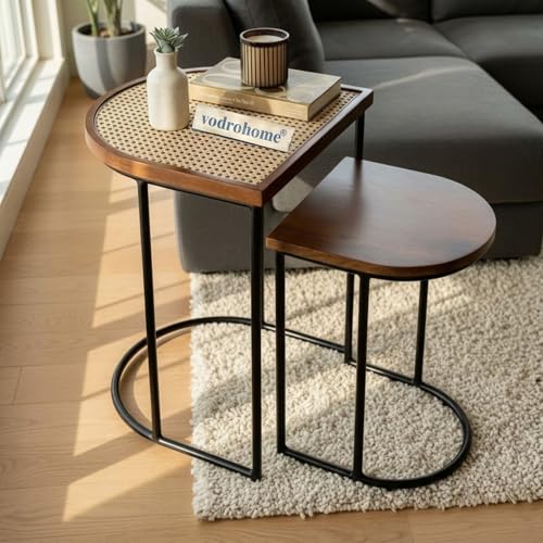 Image of Charcoal Rattan Cane Side Table with Glass top - Bohemian Solid Mango Wood Cane Iron Sofa Side end Table - Wood and Cane Nesting Table S#047 (Honey)