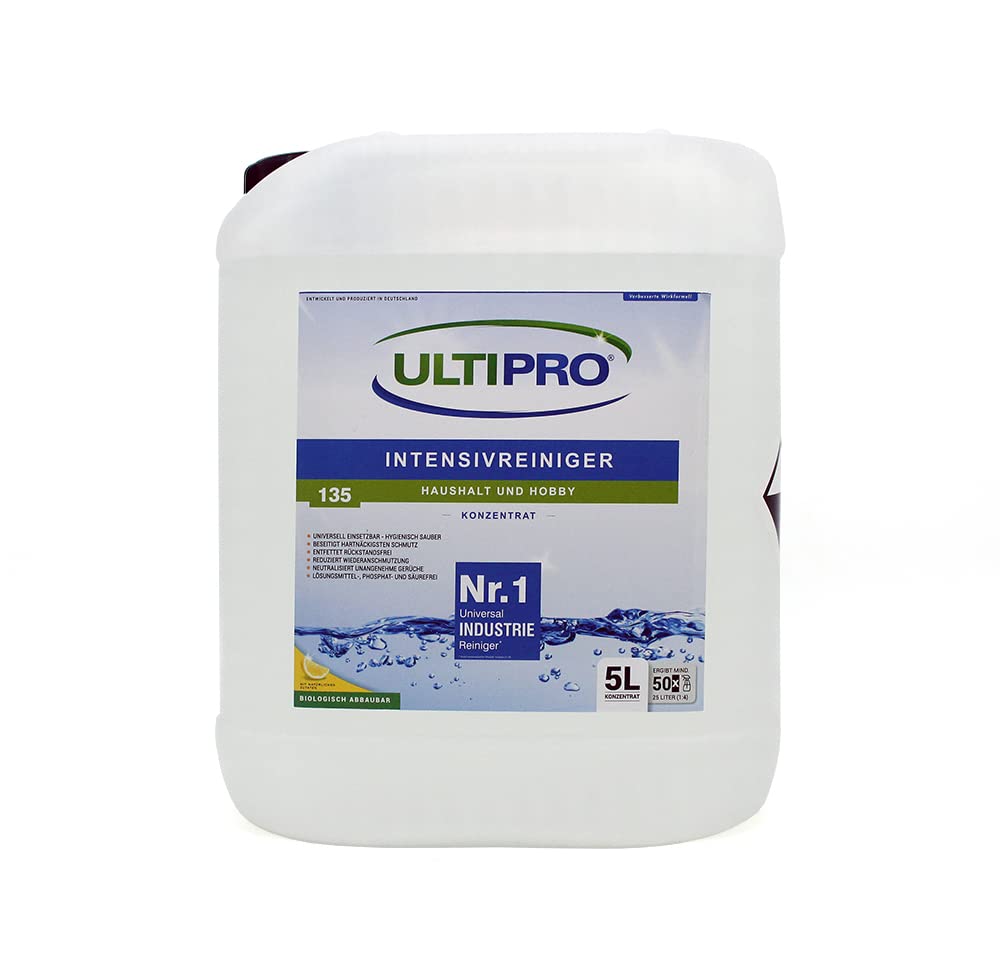 Universalreiniger gebrauchsfertig 5 Liter Intensivreiniger & Fettentferner für Küche, Teppich, Fassade, Auto-Sitze; kraftvoll gegen Fett & Schmutz für alle Oberflächen + 4× 500ml Leersprüher – Ultipro