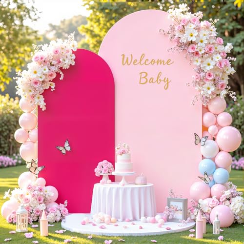 Image of 7.2FT 6FT Arch Backdrop Cover for Wedding, Set of 2 Stretchy Spandex Fitted Arch Stand Cover for Baby Shower, Birthday Party Decor, Chiara Backdrop Cover with Double-Sided Design(Pink, Hot Pink)