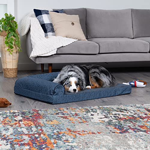 Image of Furhaven Cooling Gel Dog Bed for Large /Medium Dogs w / Removable Bolsters & Washable Cover, For Dogs Up to 55 lbs - Plush & Almond Print L Shaped Chaise - Blue Almonds, Large