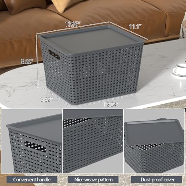 20 Quart Large Plastic Storage Baskets with Lid, Tall Plastic Weave Storage Basket Bins, 6 Packs