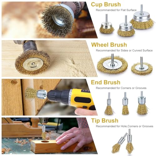 Image of Brass Wire Brush for Drill Rust Removal, Wire Wheel for Drill, Cup Brush and End Brush Set, Wire Brush Drills Attachments, 1 /4 inch Drill Shank, Carbon Steel Bristles (Brass Wire Brush, 28)