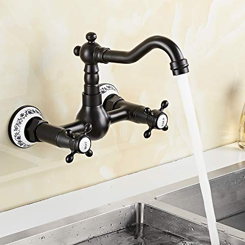 Robinet de cuisine Mur Robinet de lavabo vintage avec céramique en laiton avec eau froide et chaude mélangeur d'évier antique (Noir)