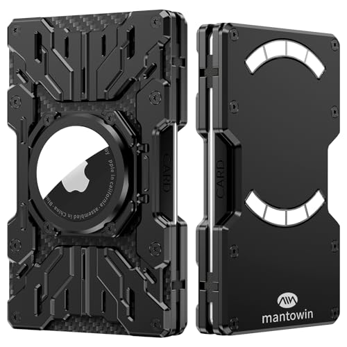 Minimalist Mens Wallet RFID Blocking - Slim Metal Wallet With Airtag Holder - Compact Credit Card Holder Mini Size, Metal, Carbon Fiber (Black)