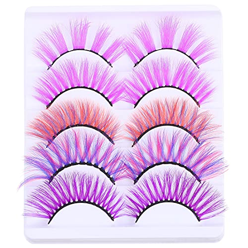Lurrose Colorful False Eyelashes Long Synthetic Fiber Eyelash 10pcs Natural Curly Volume Lashes Cosplay Eyelashes Extension for Halloween Costume Performance Purple