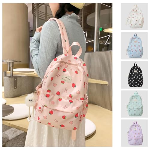 Kawaii Backpack with Cute Accessory Strawberry Printing Casual Bookbags with Pendant Lightweight Travel Daypacks (Pink)3