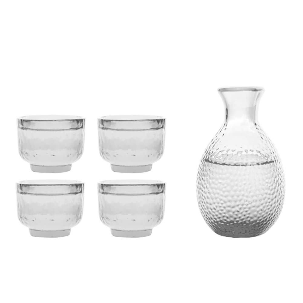 QWEASDF Set Sake, Artigianato Tradizionale in Vetro, Confezione Regalo da 5 Pezzi (Inclusa 1 Bottiglia, 4 Tazze), Motivo A Martello/Impronta Digitale Yin, Tazza con Cornice Dorata,2