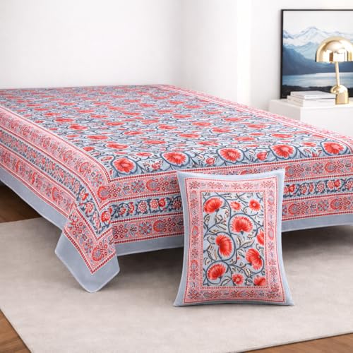 Image of elanorhomes 100% Cotton 240 TC Single Bed Sheet Set | Floral Hand Printed Bedsheet with Pillow Cover | Soft Breathable Fabric for Bedroom | 60x90 Inches (Lotus)