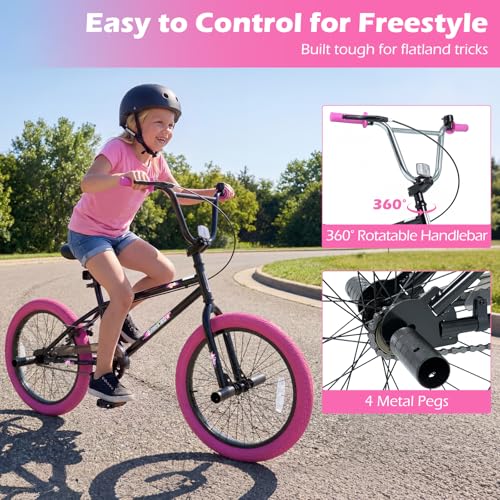 Image of Goplus Freestyle BMX Bike, 20 inch Trick Bicycle w / 360 Degree Steering, 4 Pegs, Adjustable Seat, U-Brake, Hi-Ten Steel Frame, Training Bike for Beginner Riders Teens Youth Boys Girls