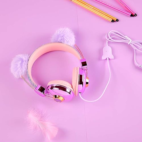 Miniatura 2 de kuyaon Auriculares para niños con micrófono para niñas, niños y adolescentes, lindos auriculares de oreja de oso con diadema ajustable, auriculares