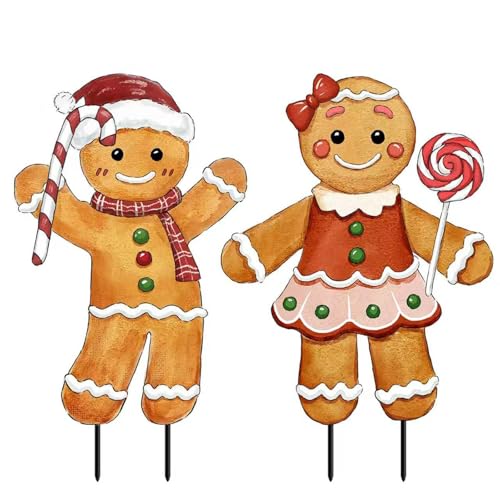 Christmas Decorations Outdoor 2Pcs Gingerbread Man Metal Yard Signs with Stakes Xmas Winter Signs for Garden House Lawn Pathway Patio Outside