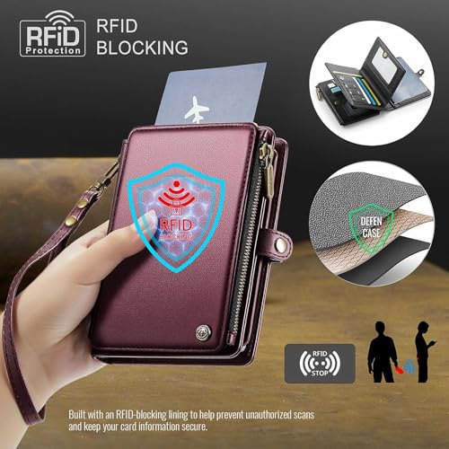 Image of Passport Wallet with AirTag Holder, RFID Blocking Passport Holder for Travel Family, PU Leather Document Organizer with 11 Card Slots & Wrist Strap, Wine