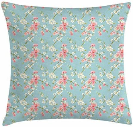 Shabby Chic Throw Pillow Cushion Cover, Coming of Spring Theme Flowering Branches Rural Field Bedding Plants, Decorative Square Accent Pillow Case, 18 X 18 Inches, Pale Blue Pink Green