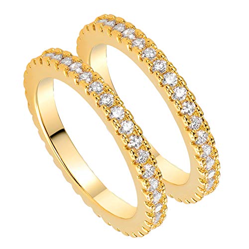 Set of 2 Rings 18K Yellow Gold Plated Cubic Zirconia Stackable Eternity Ring Simulated Diamond Band Size 5 for Women