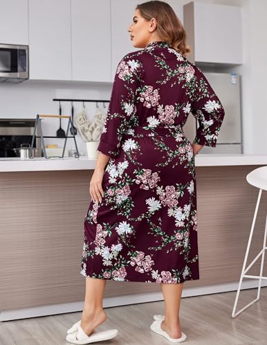 Image of IN'VOLAND Womens Plus Size Kimono Robes Long Knit Bathrobe V Neck Ladies Loungewear Lightweight Soft Sleepwear 1X-5X