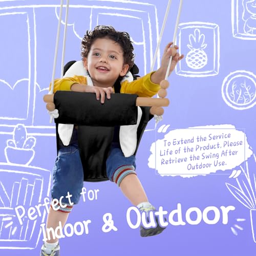Baby Swing Indoor Outdoor,Secure Canvas Baby Swing, Toddler Swing Seat,Wooden Hanging Swing for Infant,3-Point Adjustable Safety Harness,Mounting Hardware Included,Gift for Baby Boys Girls,Black&White