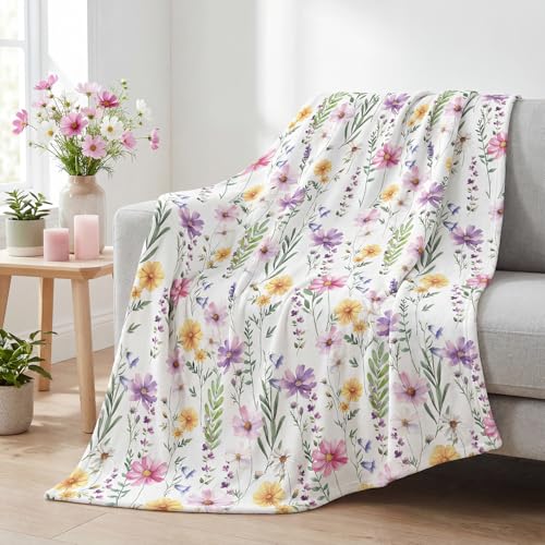 Horaldaily Spring Summer Flannel Blanket Throw Watercolor Wildflowers Fleece Soft Fuzzy Plush Cozy Fleece Blankets for Couch Sofa Bed Lounging Ideal Gifts for Kids Adults Self 50x60