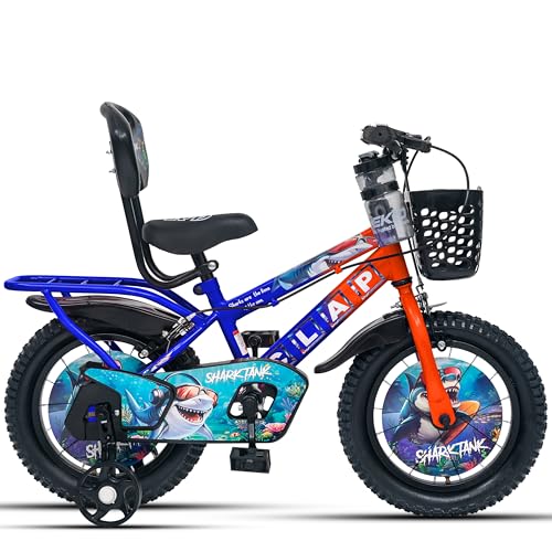 Image of Shark Tank 14T Kids Bicycle for Boys & Girls with Inbuilt Carrier, Front Basket, PU Soft Seat, Full Chain Cover & Stylish Wheelcards (Orange /Blue)