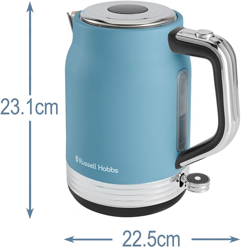 Russell Hobbs Bouilloire électrique [1,7L, 2 400 W] Hanley (Design vintage bleu, acier inox, économe en énergie,couvercle à bouton-poussoir,jauge niveau d'eau, base 360°, rangement du cordon) 28641-70 — vue 9