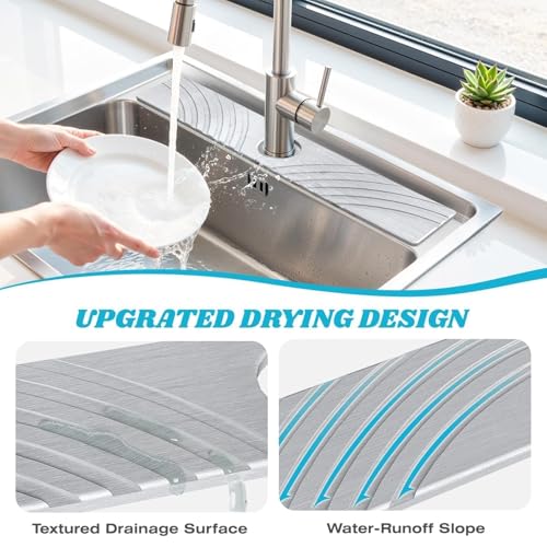 SpaceHacks Stone Faucet Mat for Kitchen Sink - Fast Drying Diatomite Stone Drying Mat, Textured Drainage Sink Protector, Water Splash Guard with Base Pads for Bathroom Counter (23.7x4 in, Light Gray) — view 3