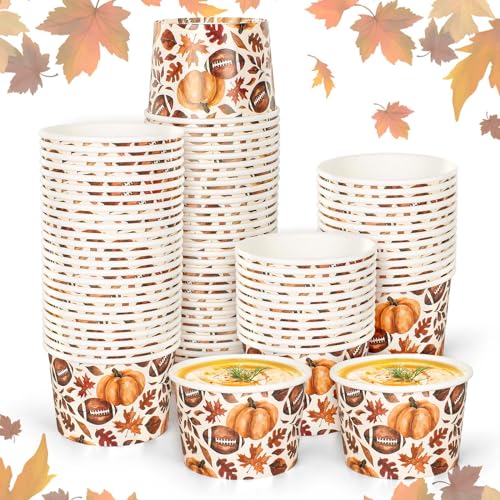 JarThenaAMCS 50Pcs Fall Snack Cups Football Pumpkin Maple Leaves Disposable Paper Bowls Autumn Decorative Ice Cream Dessert Soup Bowls for Thanksgiving Party Supplies Hot Cold Drinks