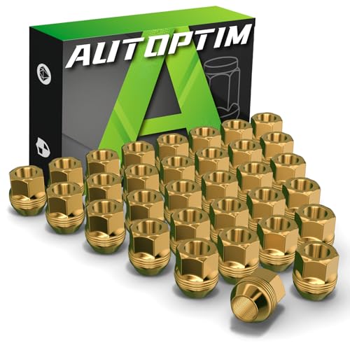 Image of AUTOPTIM 32PCS OEM M14X1.5 Open End Lug Nuts - Replacement for 1999-2022 Chevy Silverado 1500 GMC Sierra, 1988-2000 C1500 C2500, Zinc Gold 3 /4 inch Hex 0.83 inch Height Conical Bulge Seat Lug Nut