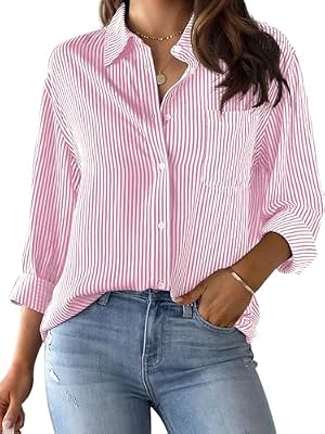 CUNLIN Women's Striped Long Sleeve Button Down Shirt – Pink, Size L