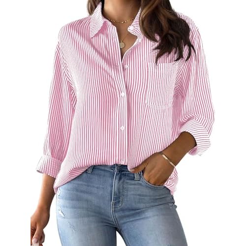 Women's Striped Button-Down Shirt Long-Sleeve Casual Collared Blouses Office Shirt Tops X-Small 00027_pink